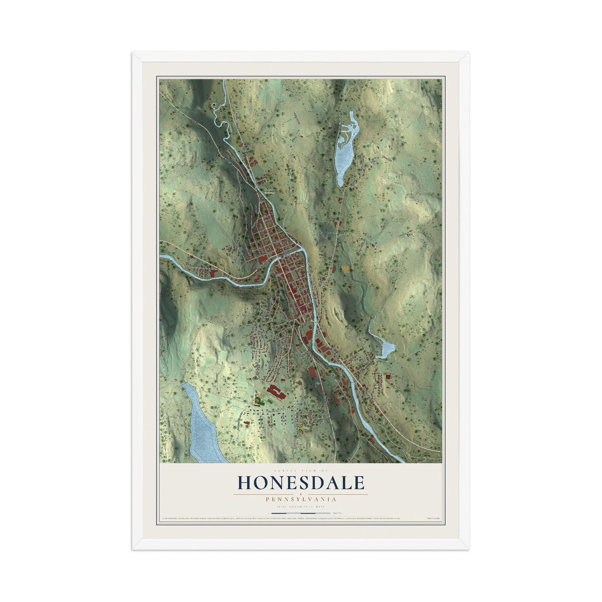 Map of Honesdale, Pennsylvania, 12 x 18 inch print in a white wood frame