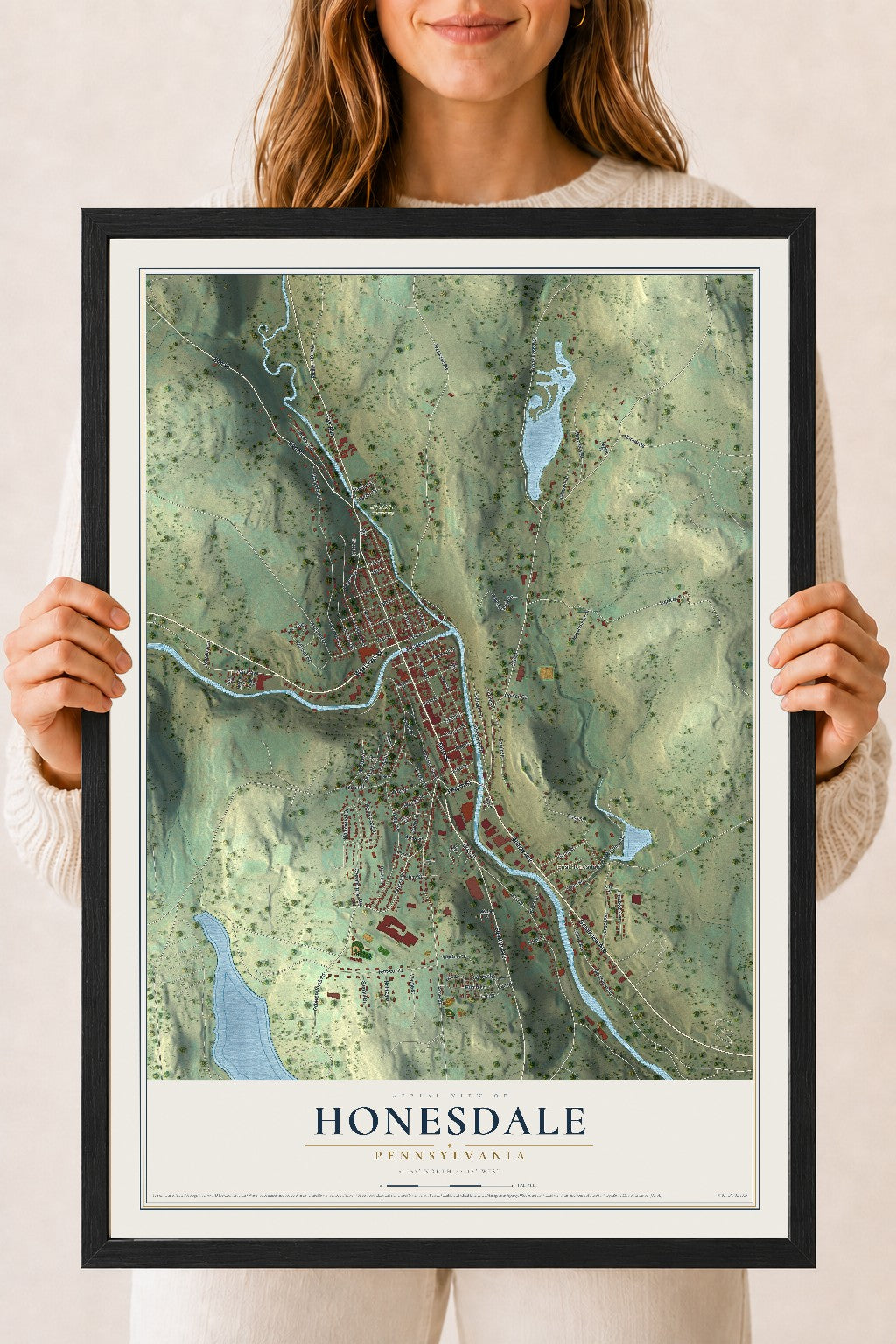 Map of Honesdale, Pennsylvania, 18 x 24 inch print in a black wood frame