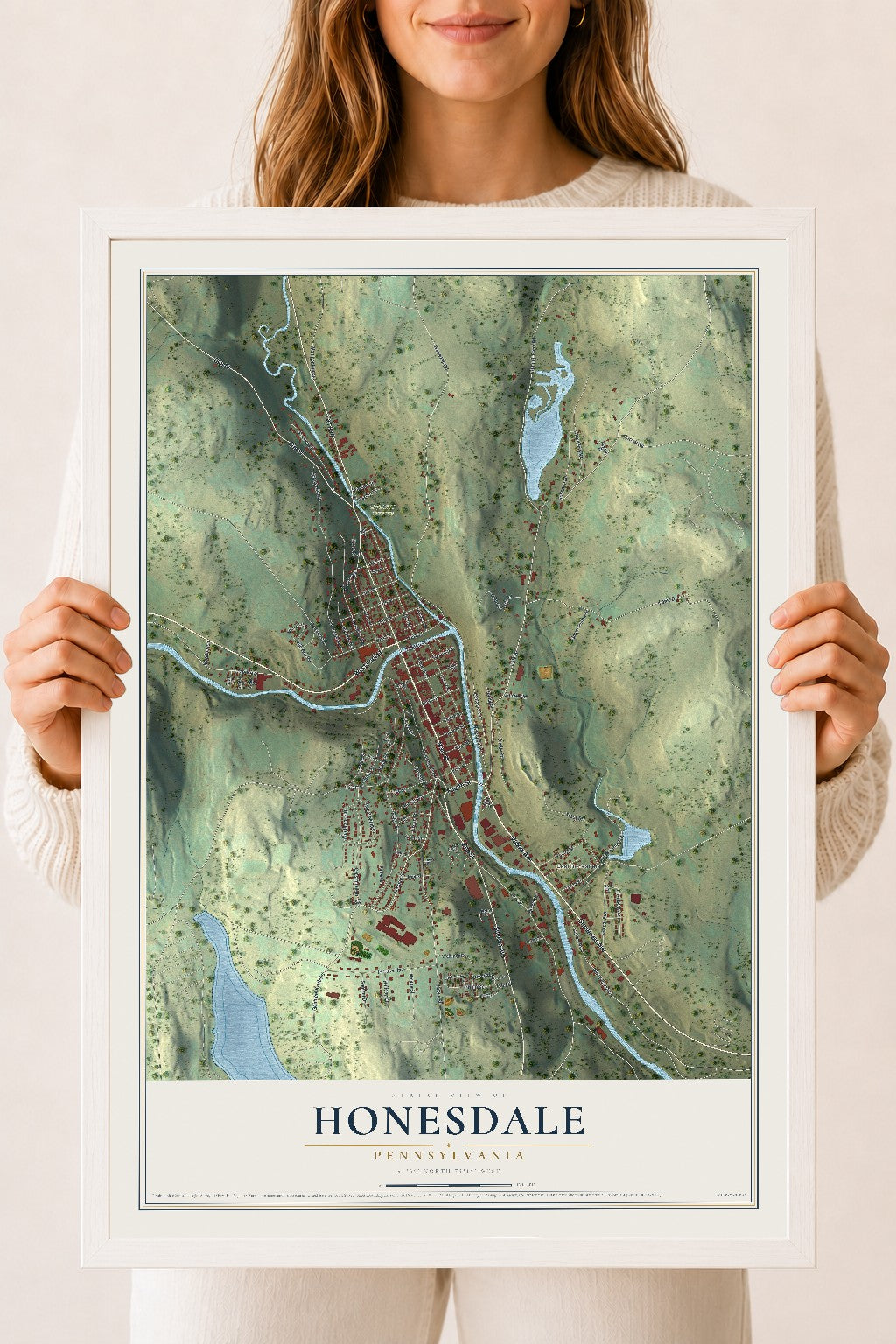 Map of Honesdale, Pennsylvania, 18 x 24 inch print in a white wood frame