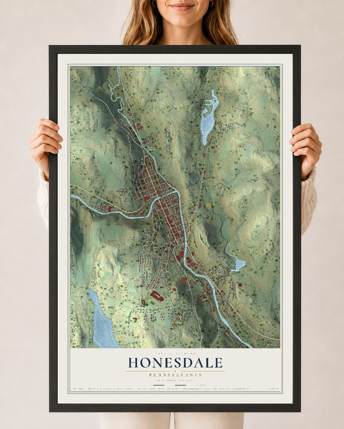 Map of Honesdale, Pennsylvania, 24 x 36 inch print in a black wood frame