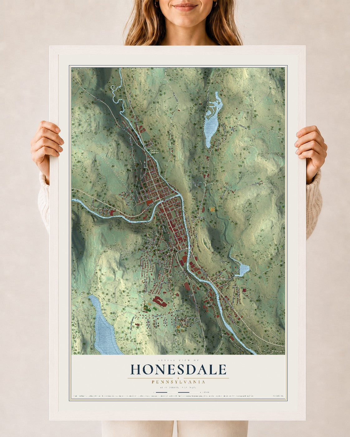 Map of Honesdale, Pennsylvania, 24 x 36 inch print in a white wood frame