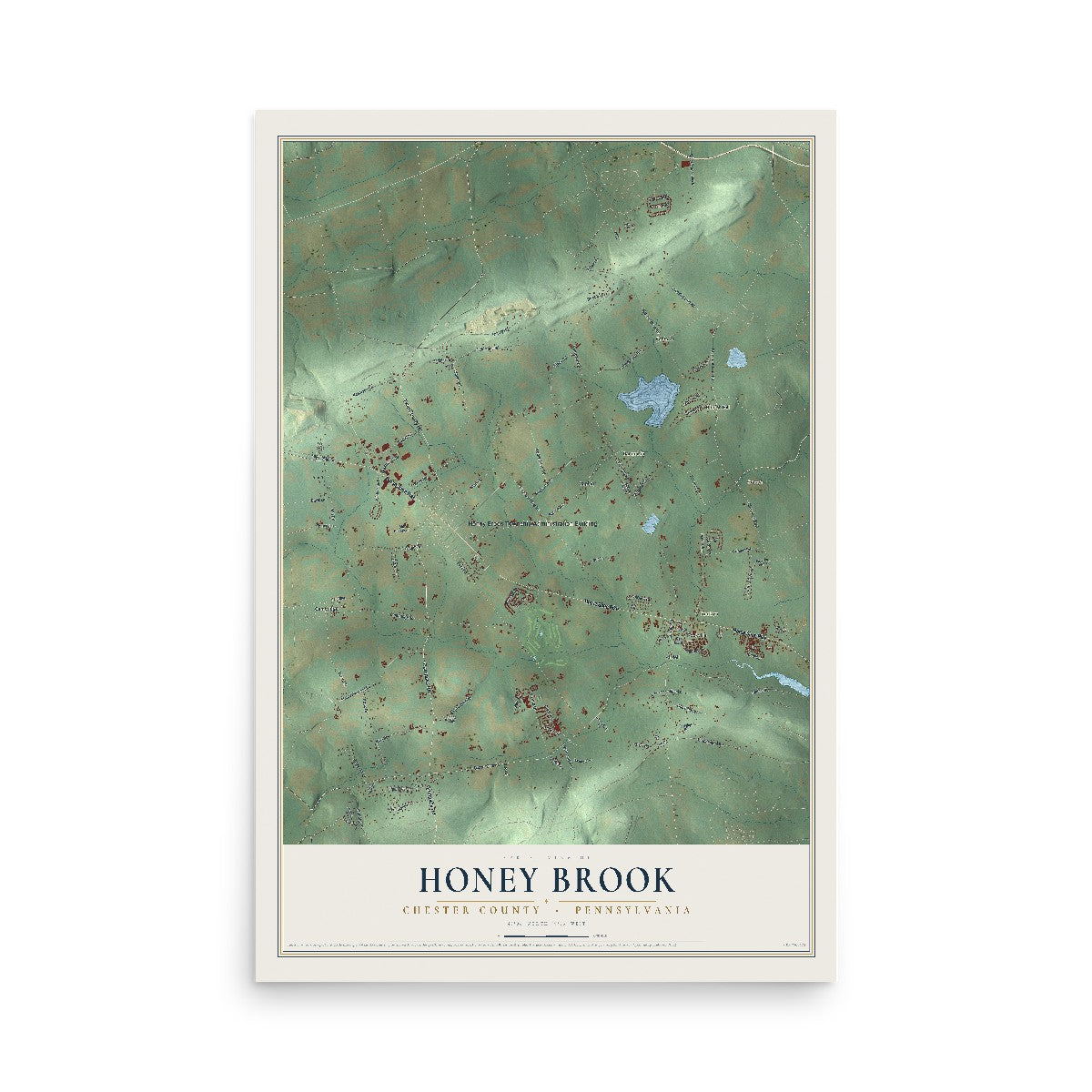 Map of Honey Brook, Chester County, Pennsylvania, 12 x 18 inch unframed archival matte print