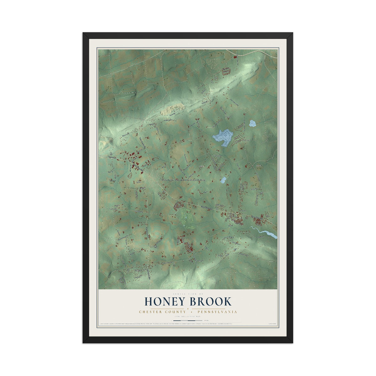 Map of Honey Brook, Chester County, Pennsylvania, 12 x 18 inch print in a black wood frame
