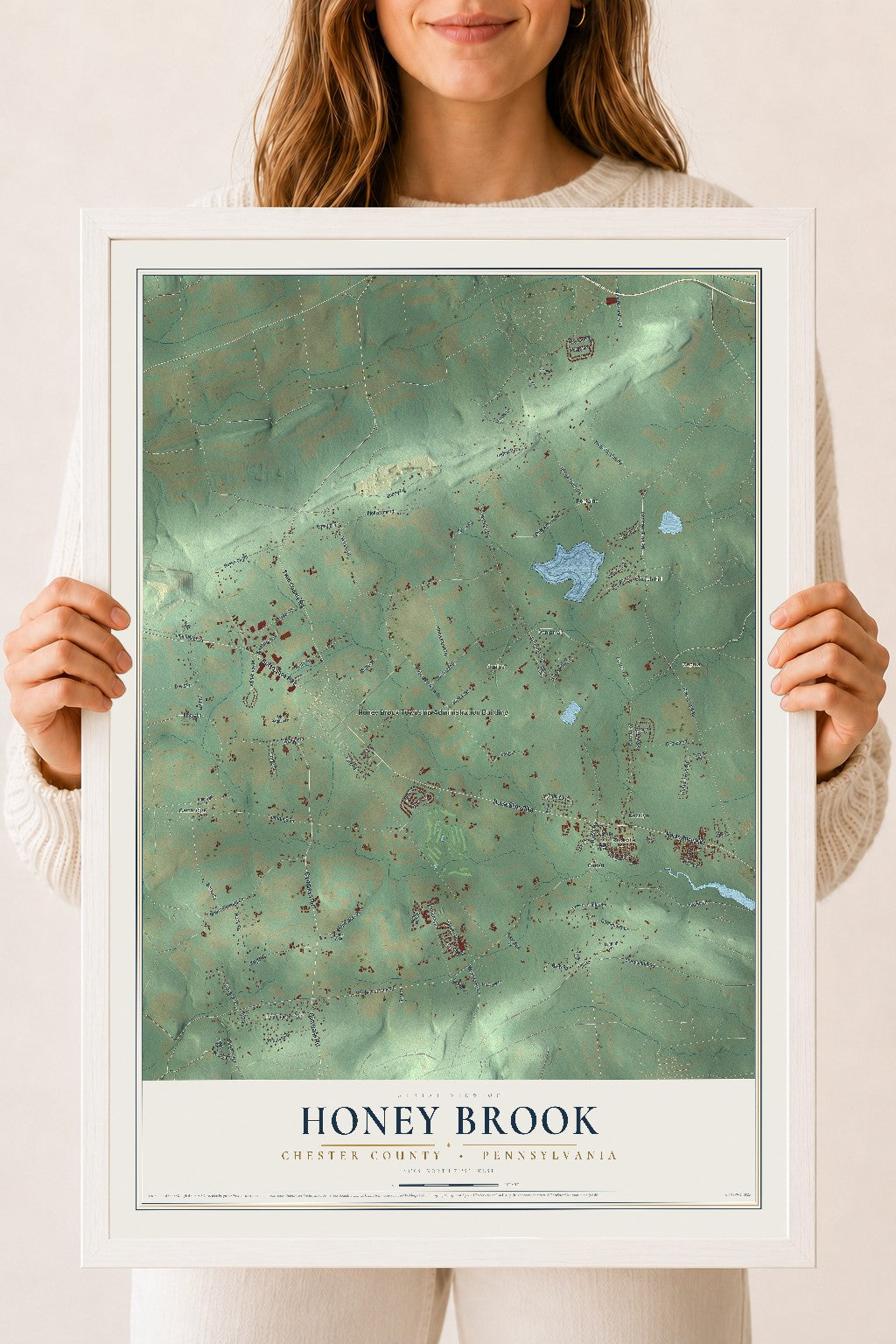 Map of Honey Brook, Chester County, Pennsylvania, 18 x 24 inch print in a white wood frame