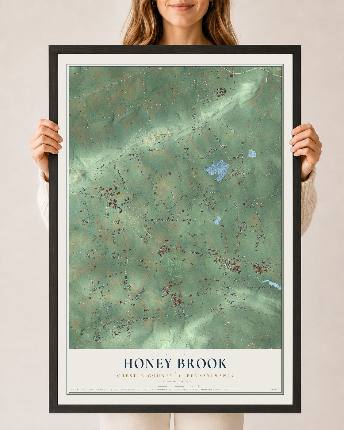 Map of Honey Brook, Chester County, Pennsylvania, 24 x 36 inch print in a black wood frame