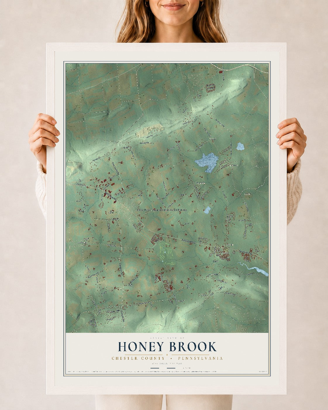 Map of Honey Brook, Chester County, Pennsylvania, 24 x 36 inch print in a white wood frame