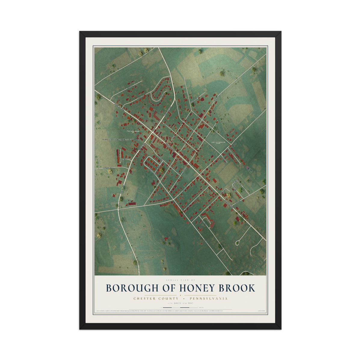 Map of the Borough of Honey Brook, Chester County, Pennsylvania, 12 x 18 inch print in a black wood frame