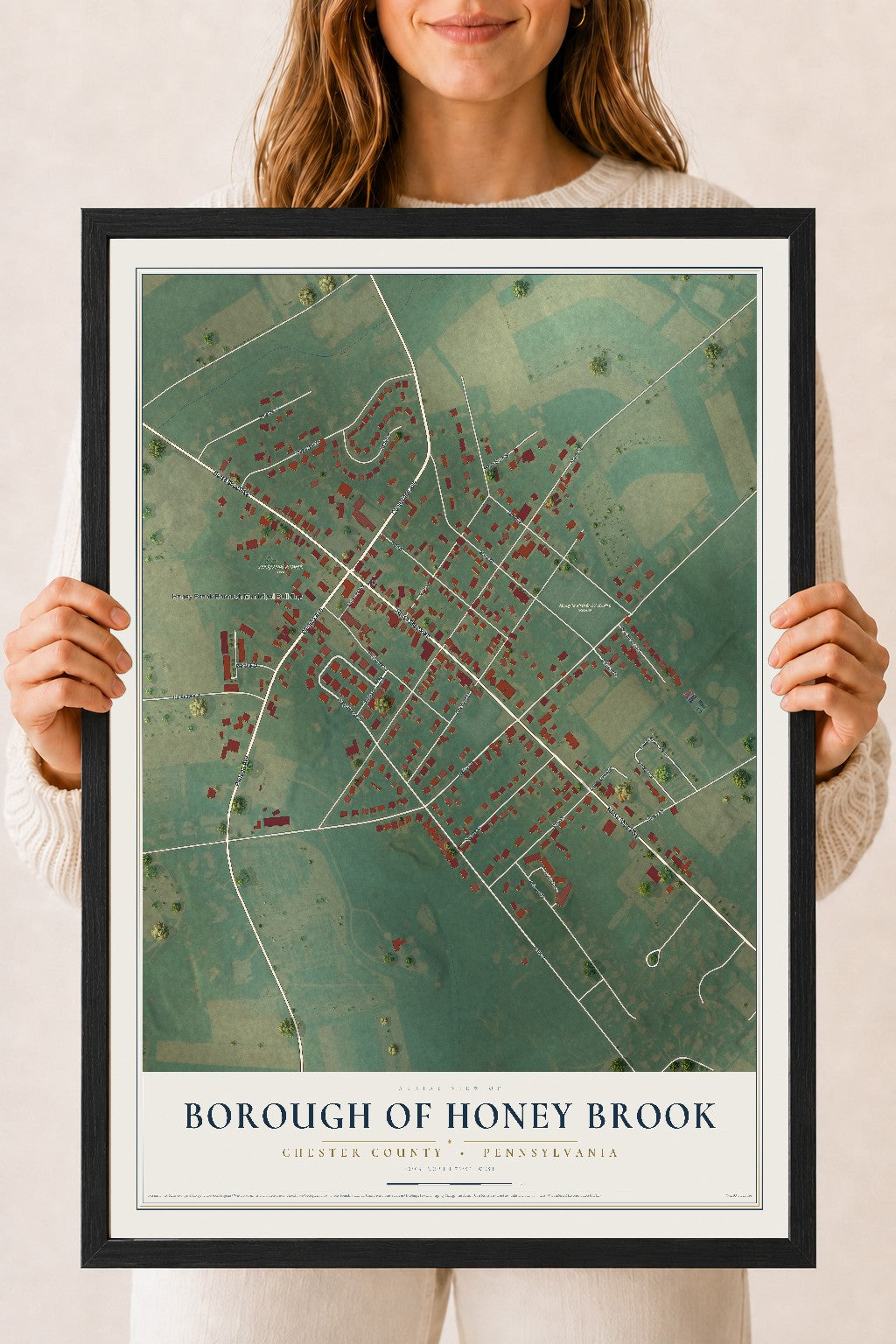 Map of the Borough of Honey Brook, Chester County, Pennsylvania, 18 x 24 inch print in a black wood frame