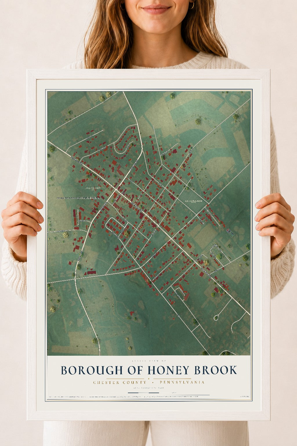 Map of the Borough of Honey Brook, Chester County, Pennsylvania, 18 x 24 inch print in a white wood frame