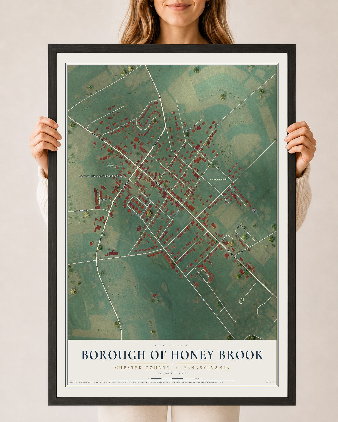 Map of the Borough of Honey Brook, Chester County, Pennsylvania, 24 x 36 inch print in a black wood frame