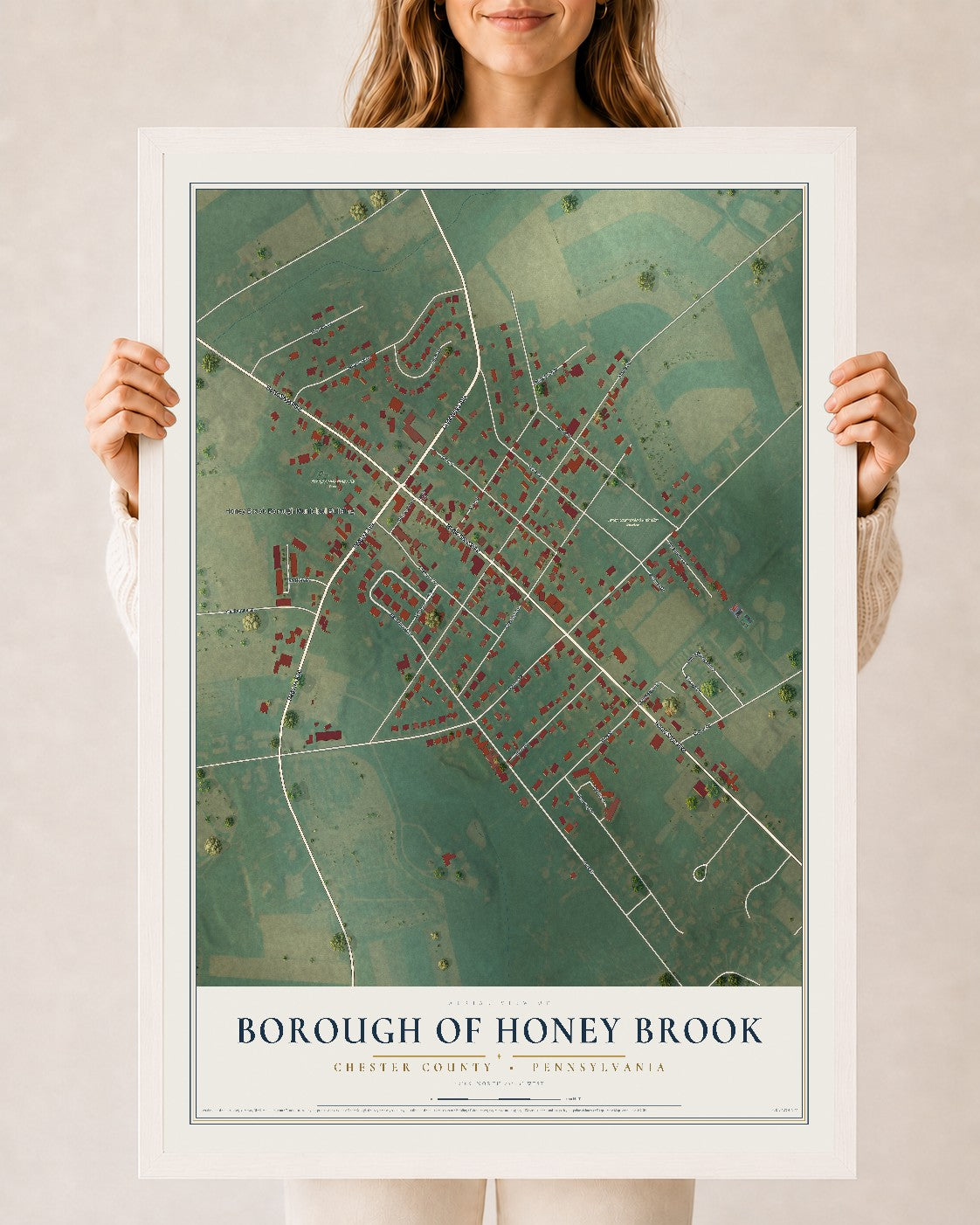Map of the Borough of Honey Brook, Chester County, Pennsylvania, 24 x 36 inch print in a white wood frame