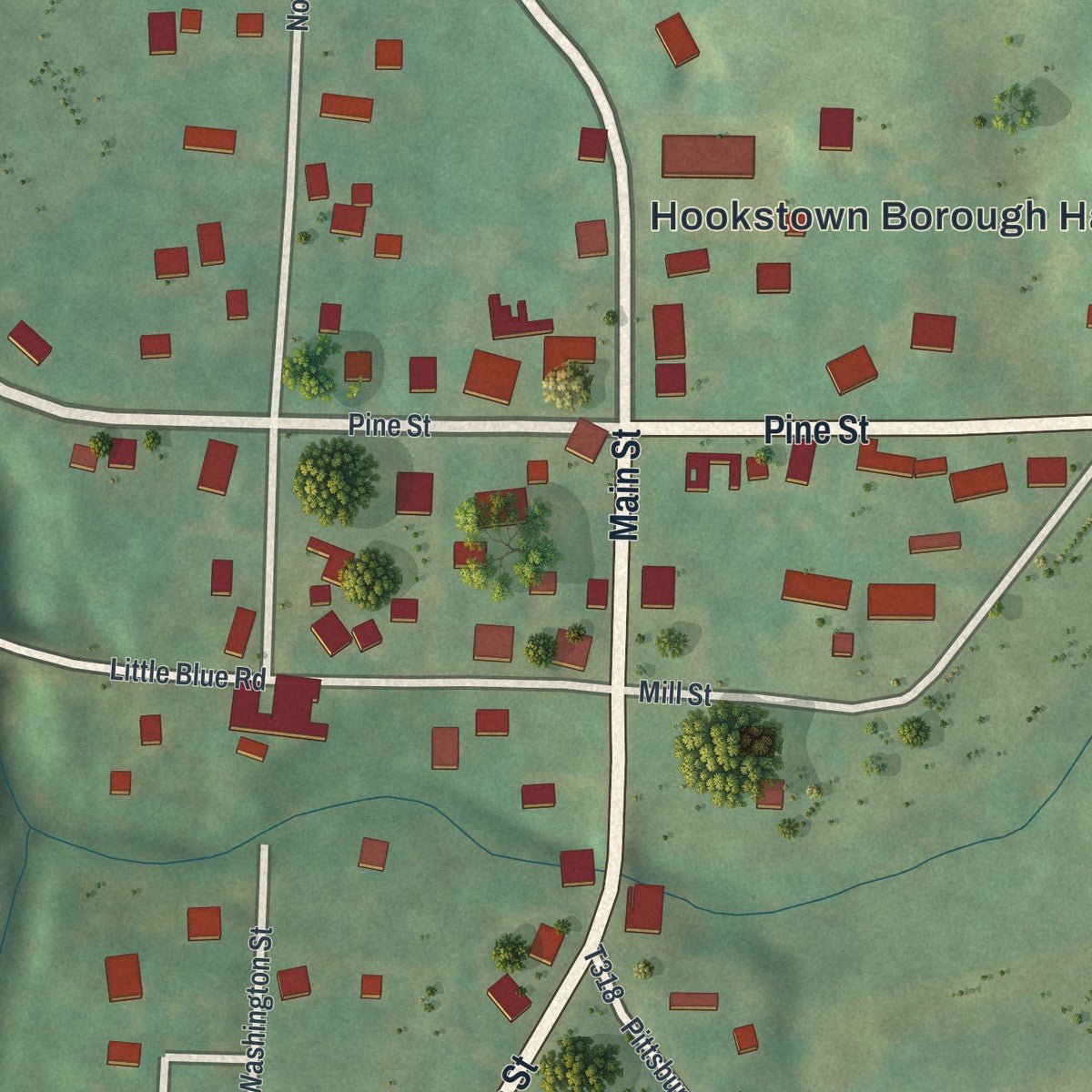 Close-up of the map of Hookstown, Pennsylvania print showing street and building detail