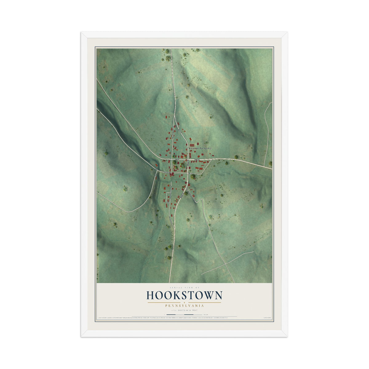 Map of Hookstown, Pennsylvania, 12 x 18 inch print in a white wood frame