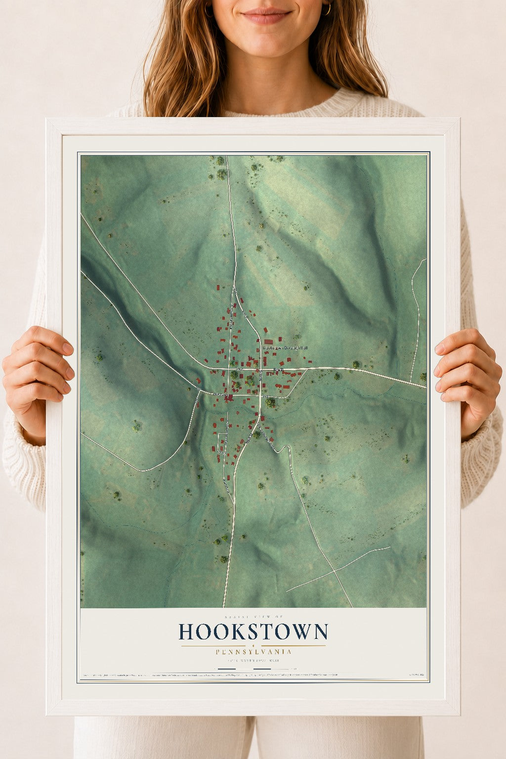 Map of Hookstown, Pennsylvania, 18 x 24 inch print in a white wood frame