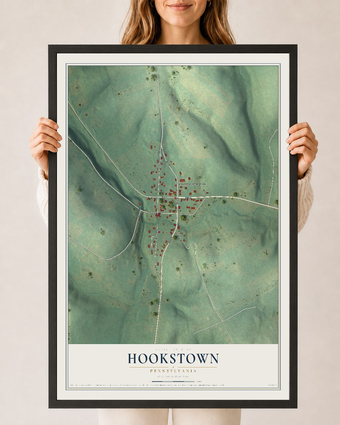 Map of Hookstown, Pennsylvania, 24 x 36 inch print in a black wood frame