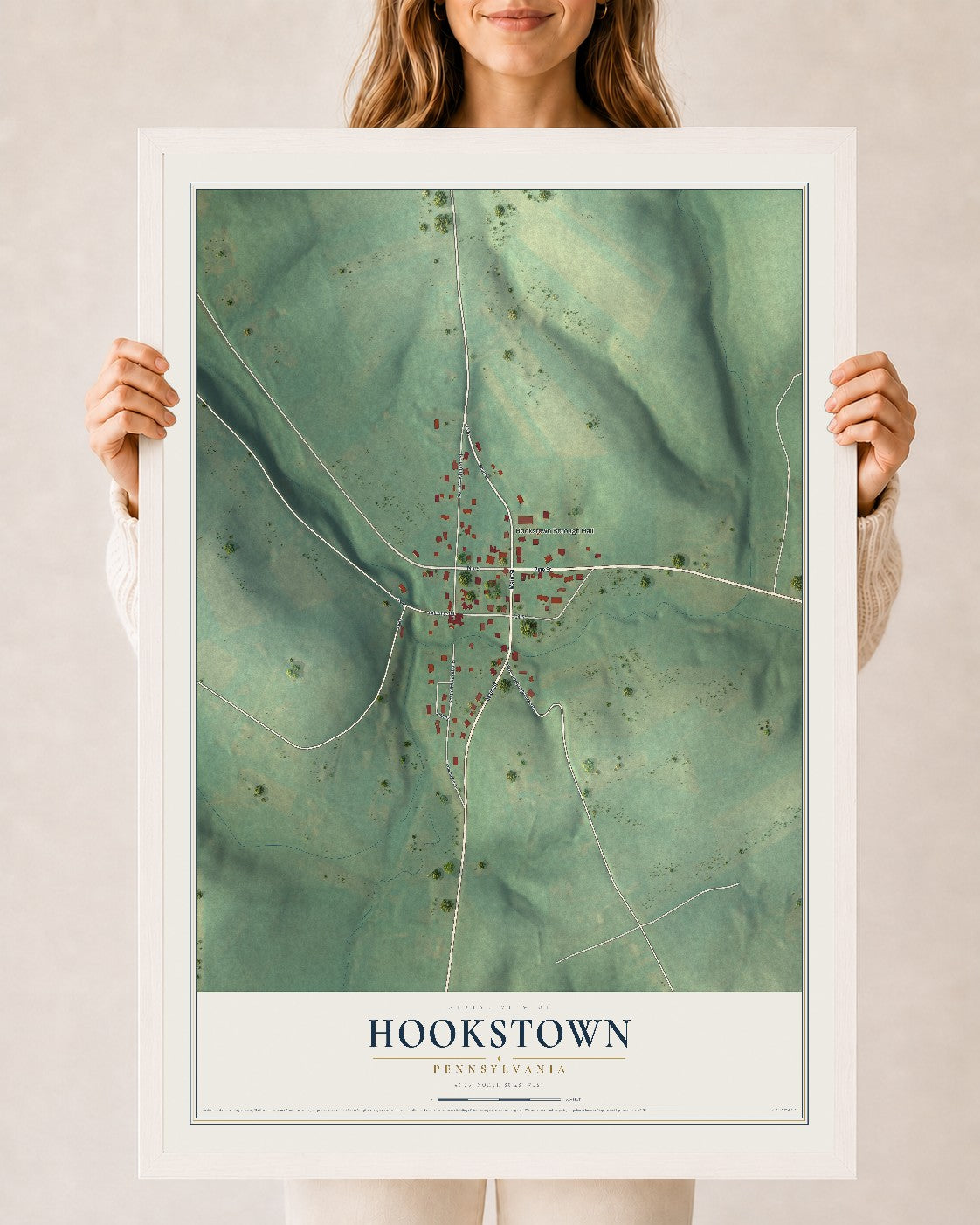 Map of Hookstown, Pennsylvania, 24 x 36 inch print in a white wood frame