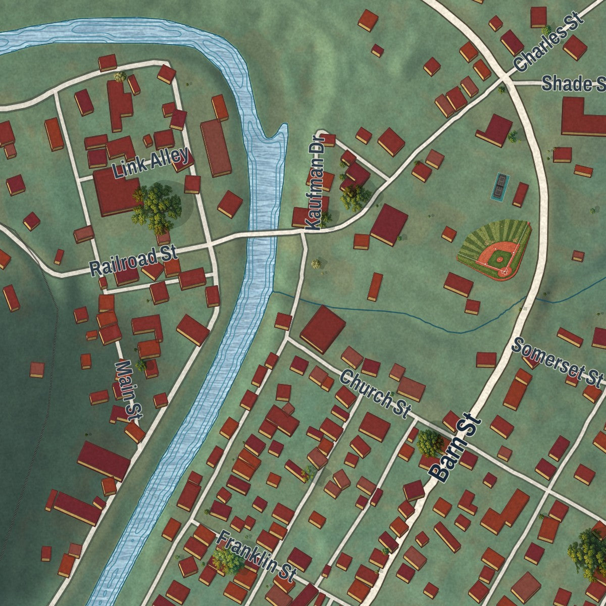 Close-up of the map of Hooversville, Pennsylvania print showing street and building detail