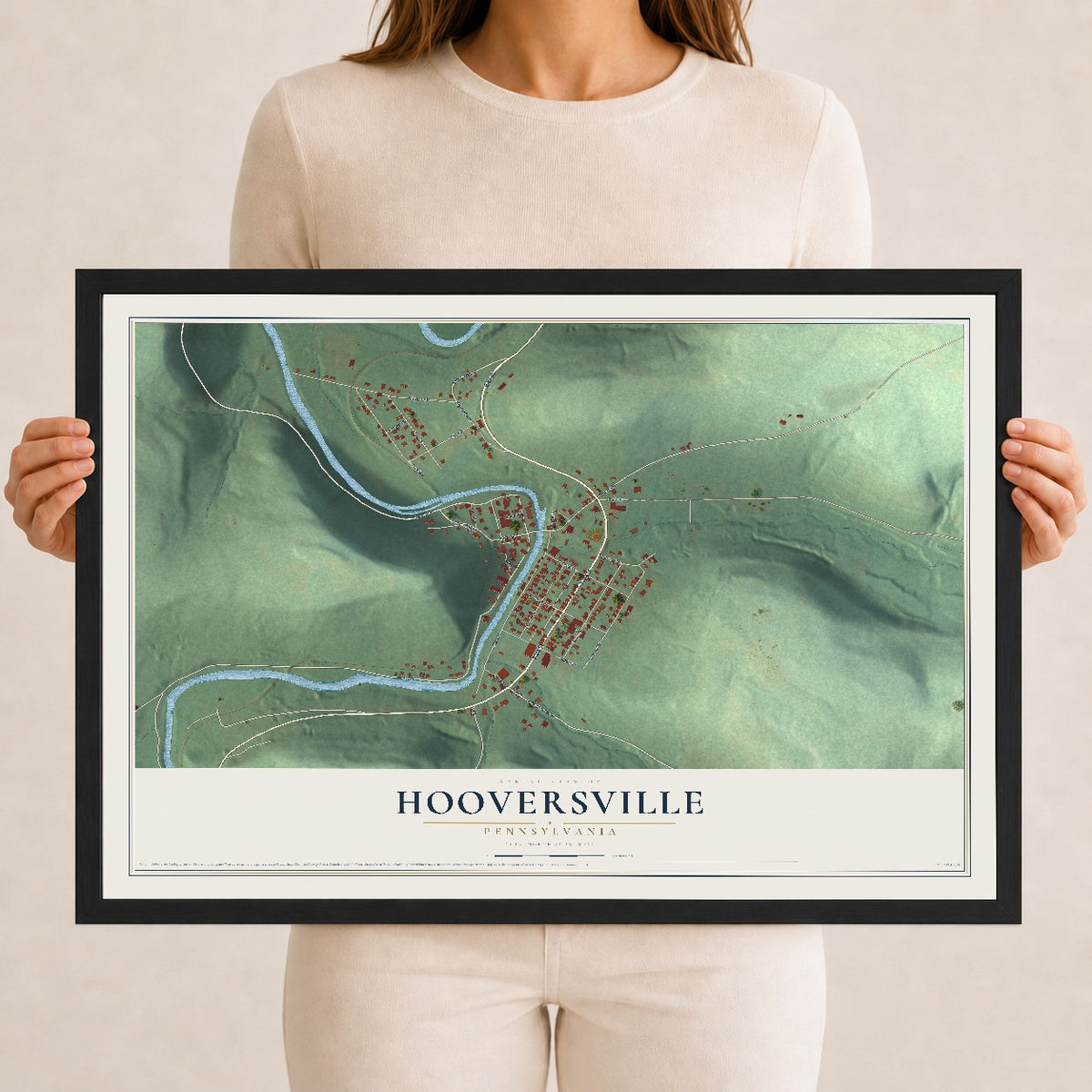 Map of Hooversville, Pennsylvania, 12 x 18 inch print in a black wood frame