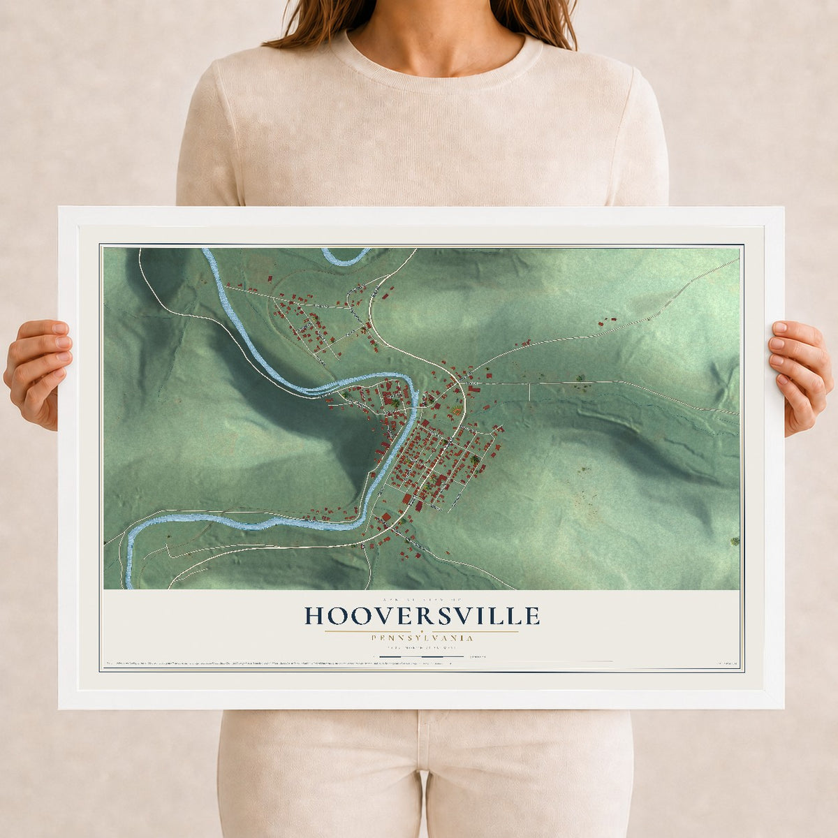 Map of Hooversville, Pennsylvania, 12 x 18 inch print in a white wood frame