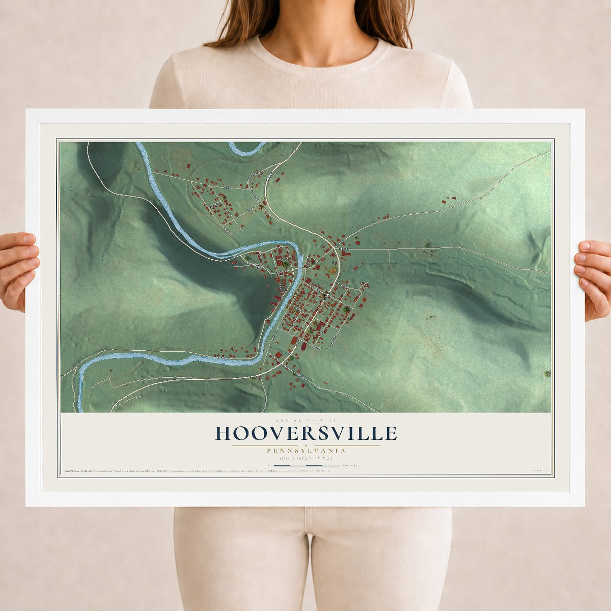 Map of Hooversville, Pennsylvania, 18 x 24 inch print in a white wood frame