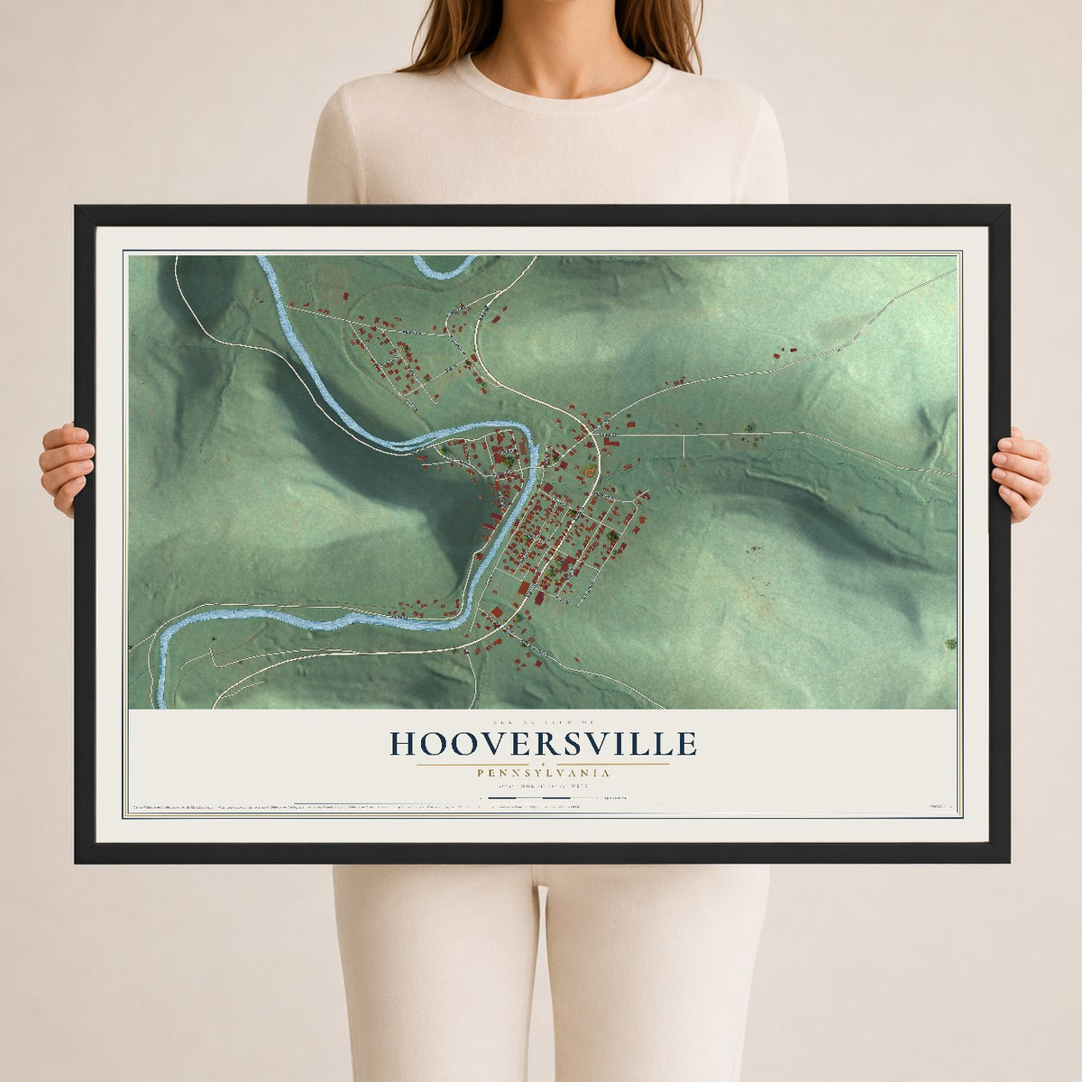 Map of Hooversville, Pennsylvania, 24 x 36 inch print in a black wood frame