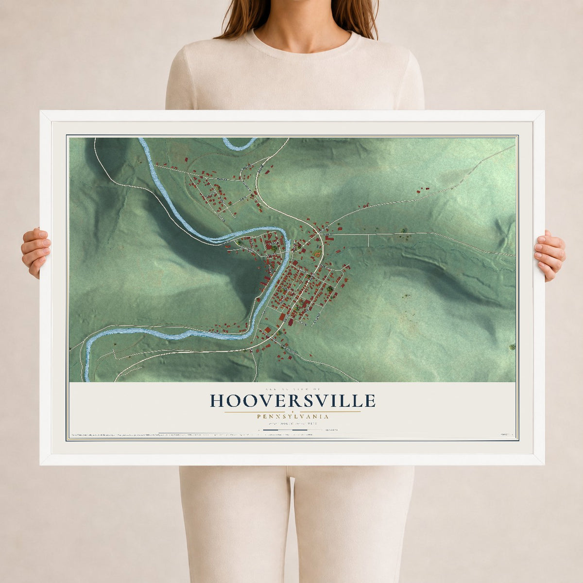 Map of Hooversville, Pennsylvania, 24 x 36 inch print in a white wood frame