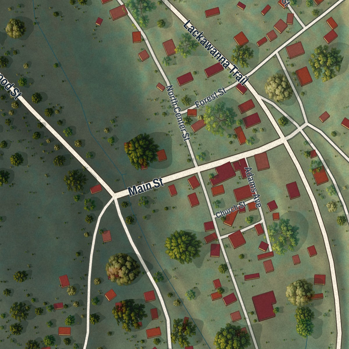 Close-up of the map of Hop Bottom, Pennsylvania print showing street and building detail