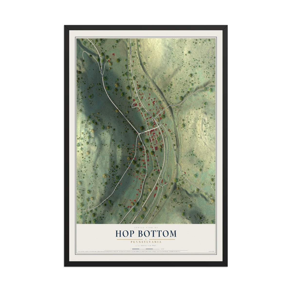 Map of Hop Bottom, Pennsylvania, 12 x 18 inch print in a black wood frame