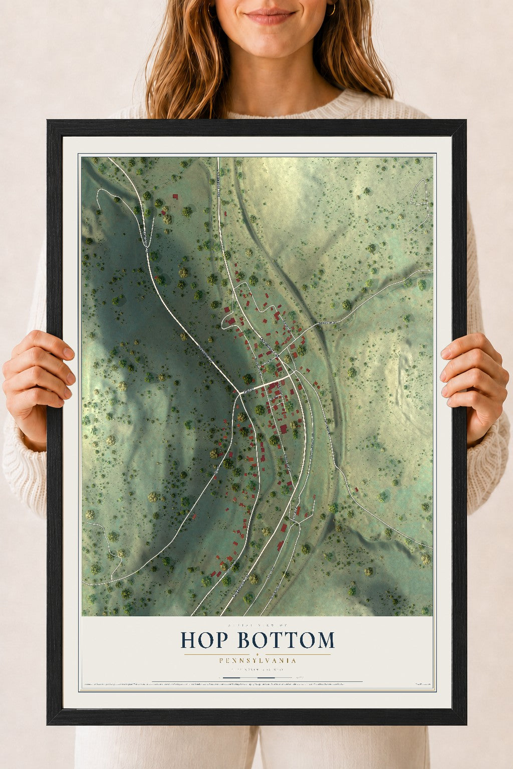 Map of Hop Bottom, Pennsylvania, 18 x 24 inch print in a black wood frame