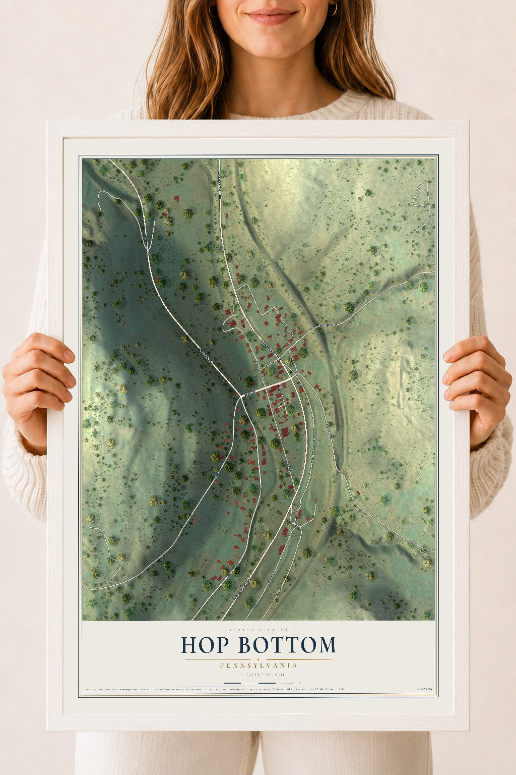 Map of Hop Bottom, Pennsylvania, 18 x 24 inch print in a white wood frame