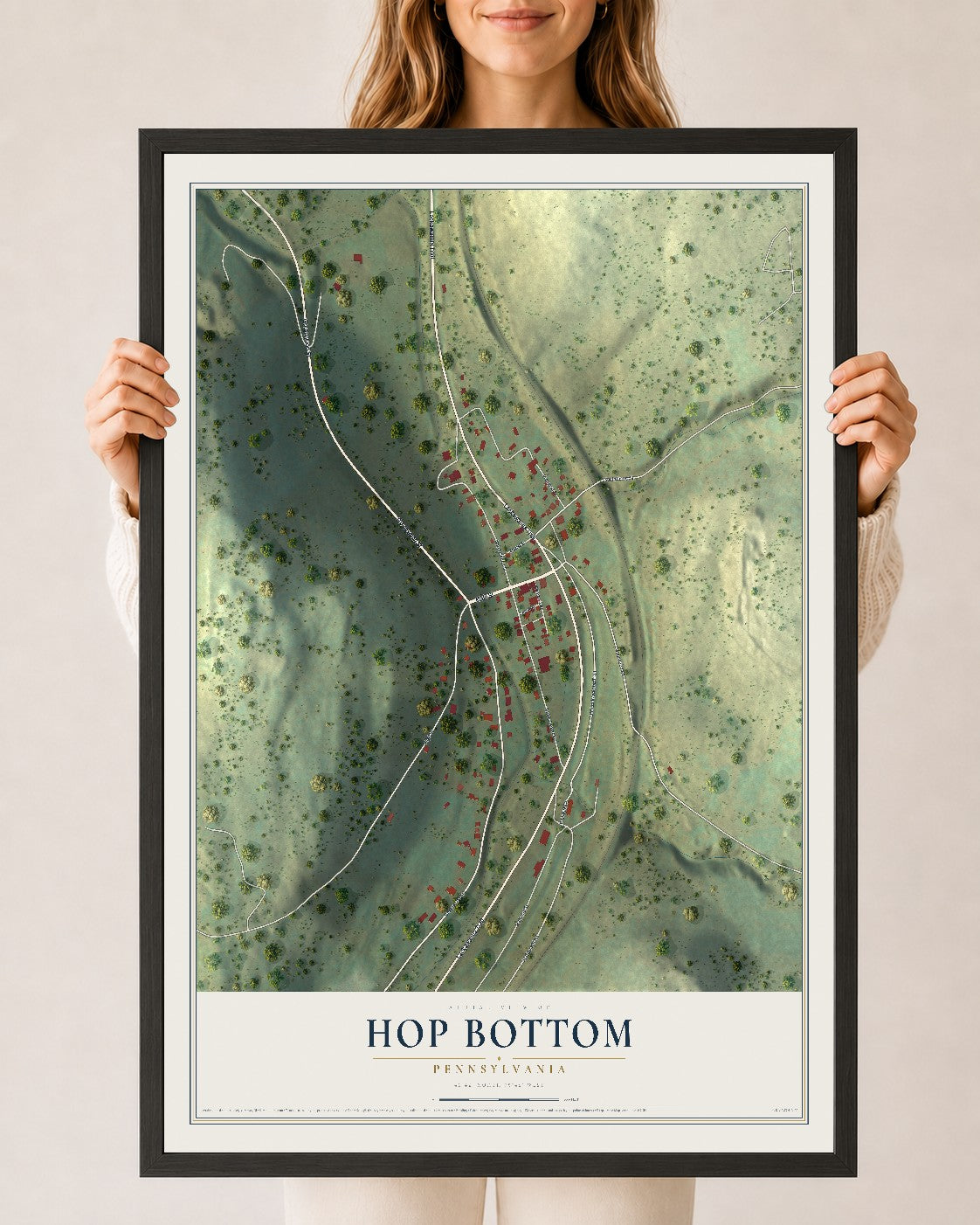 Map of Hop Bottom, Pennsylvania, 24 x 36 inch print in a black wood frame