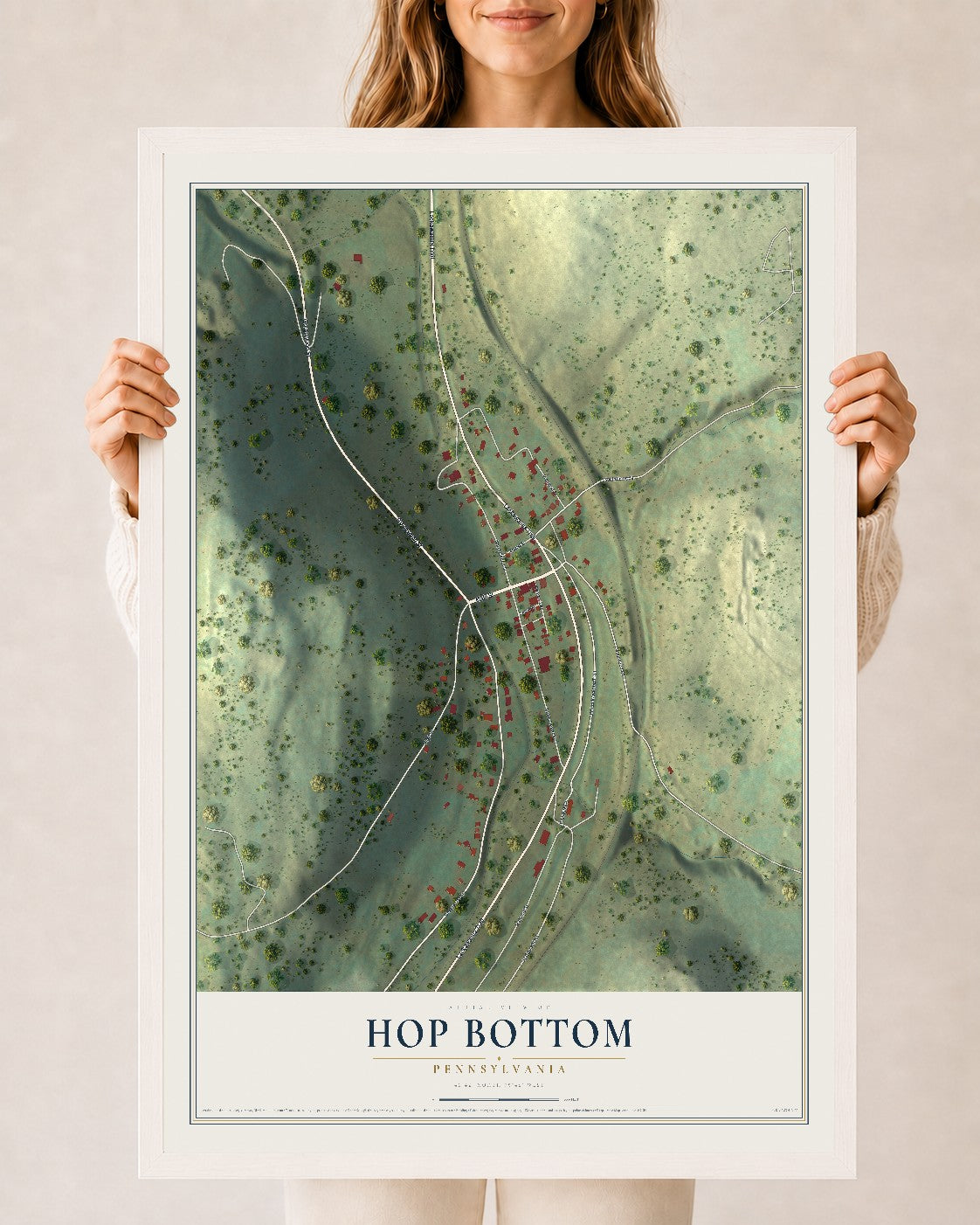Map of Hop Bottom, Pennsylvania, 24 x 36 inch print in a white wood frame
