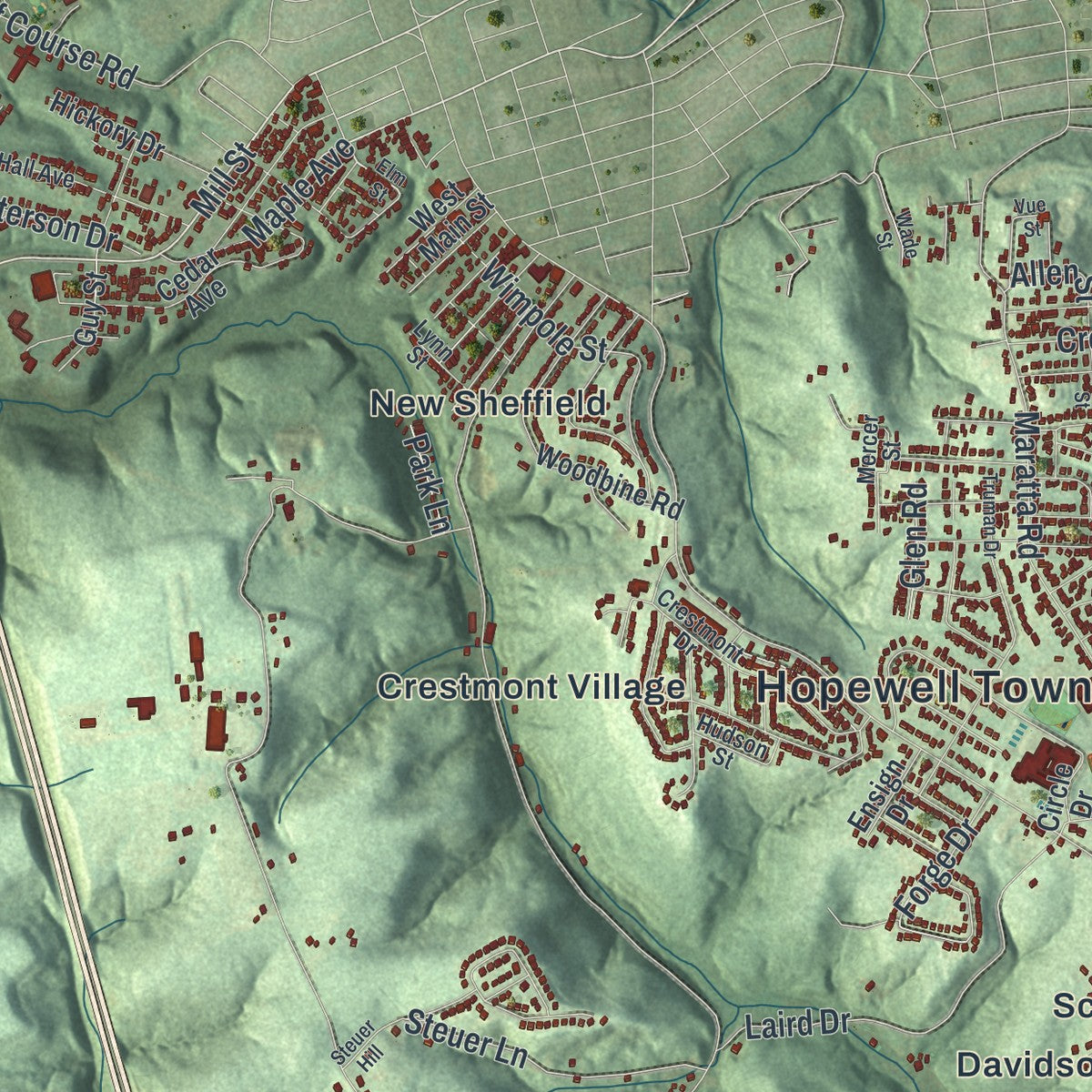 Second close-up of the map of Hopewell, Beaver County, Pennsylvania print showing more streets and buildings