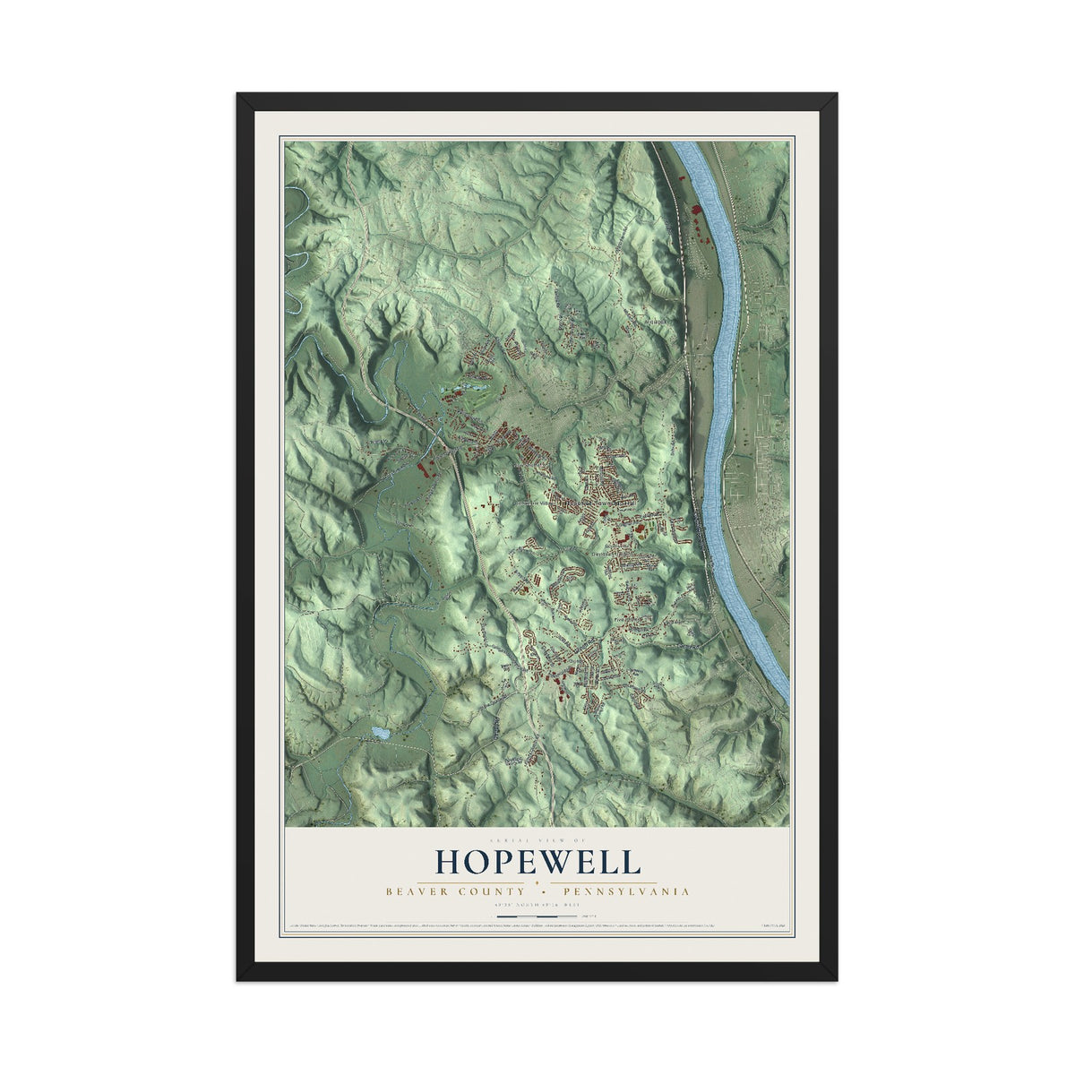 Map of Hopewell, Beaver County, Pennsylvania, 12 x 18 inch print in a black wood frame
