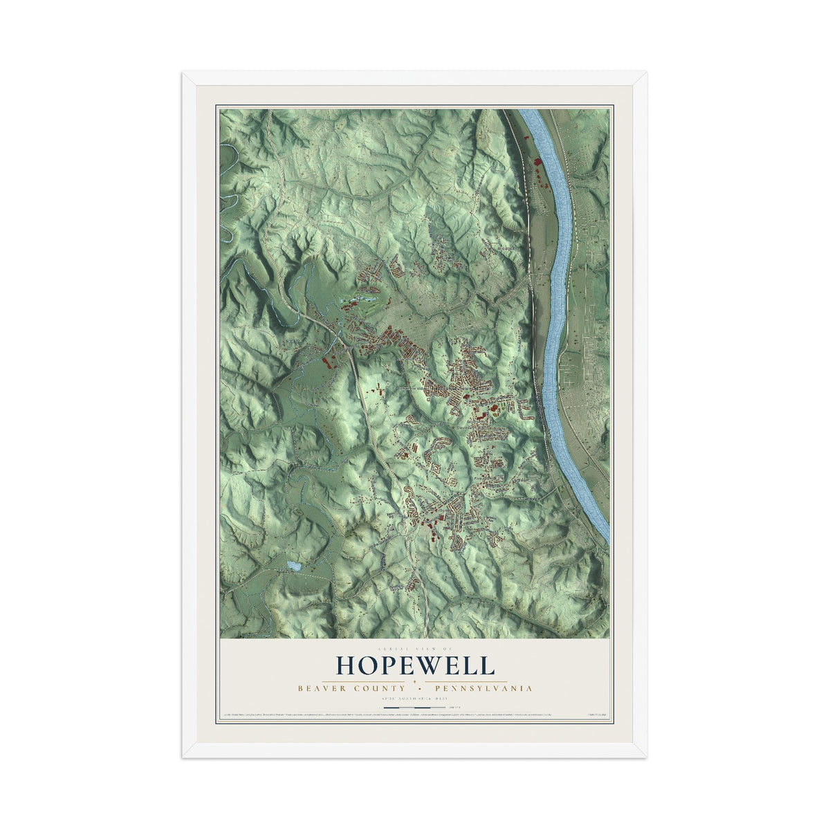 Map of Hopewell, Beaver County, Pennsylvania, 12 x 18 inch print in a white wood frame