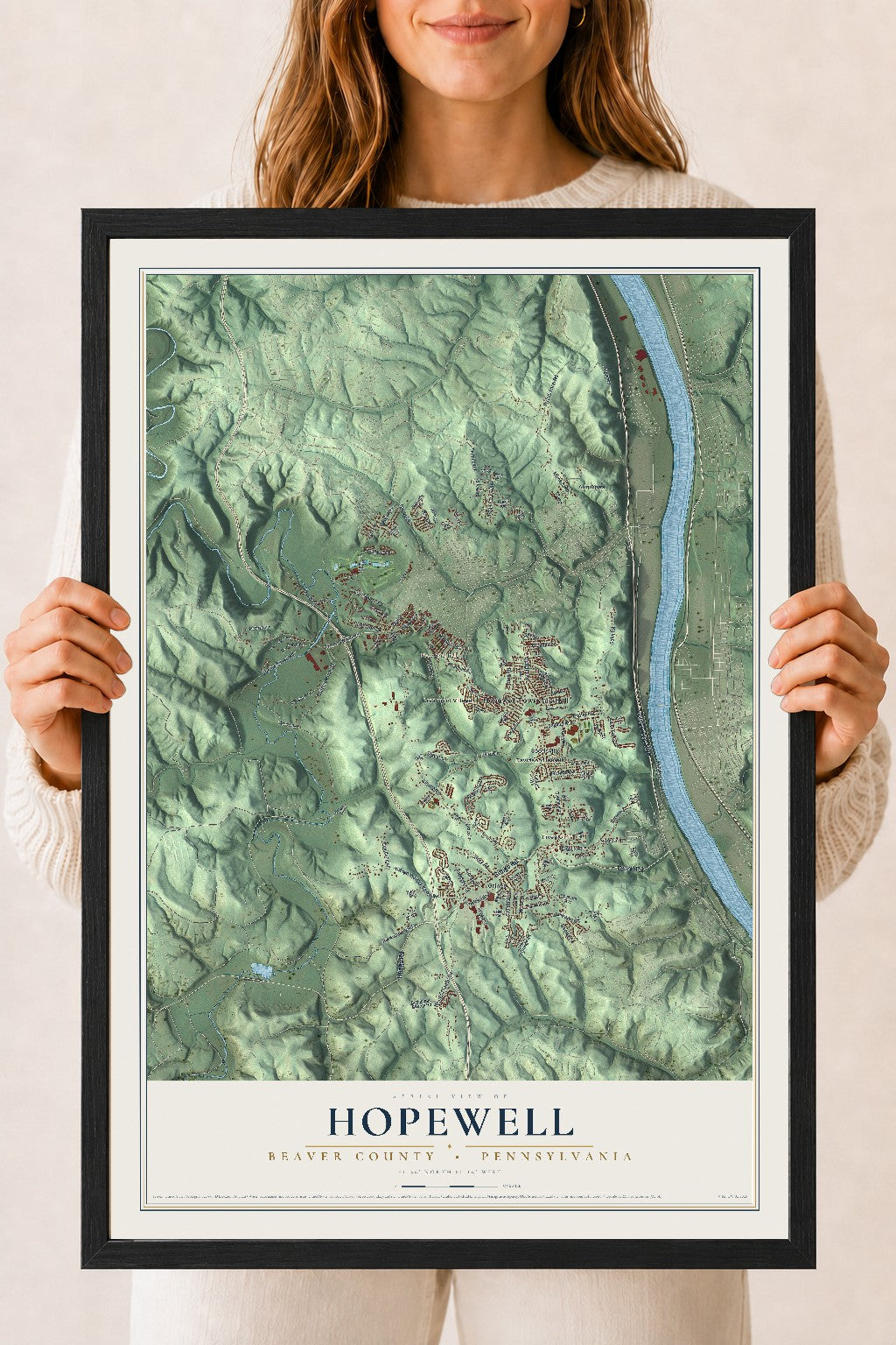 Map of Hopewell, Beaver County, Pennsylvania, 18 x 24 inch print in a black wood frame