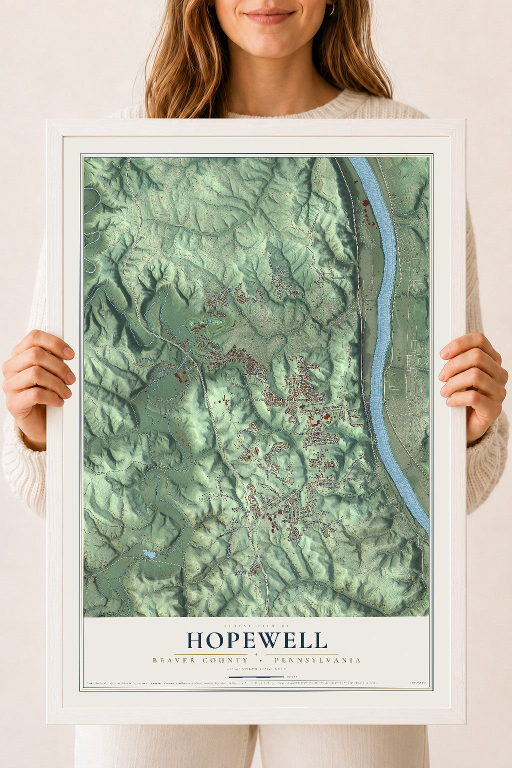 Map of Hopewell, Beaver County, Pennsylvania, 18 x 24 inch print in a white wood frame