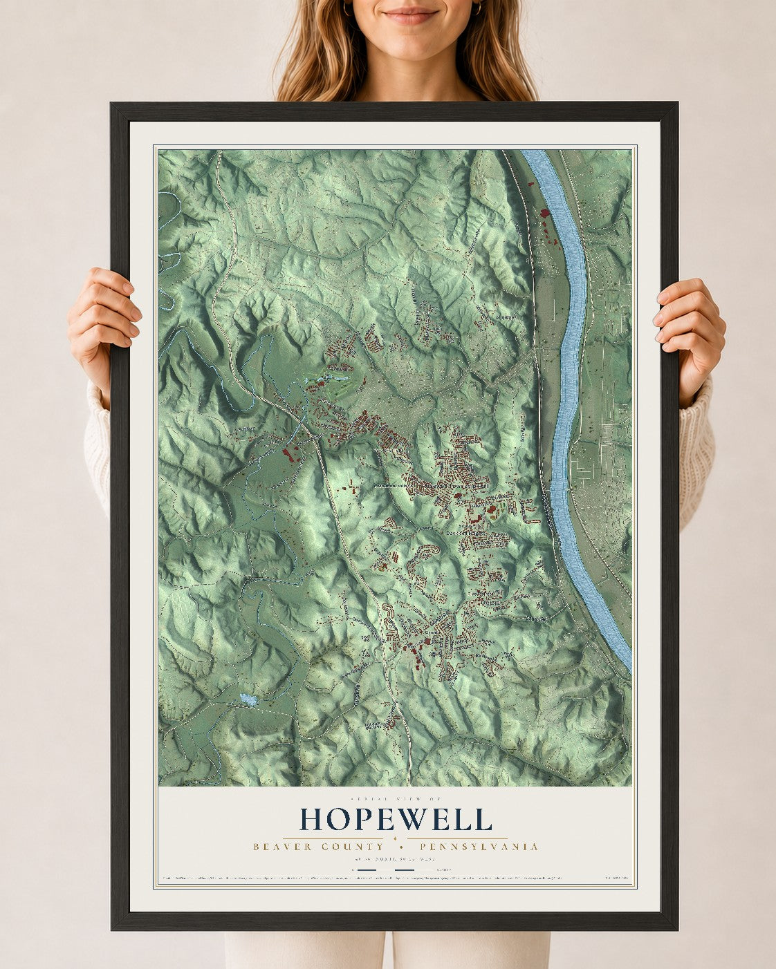 Map of Hopewell, Beaver County, Pennsylvania, 24 x 36 inch print in a black wood frame