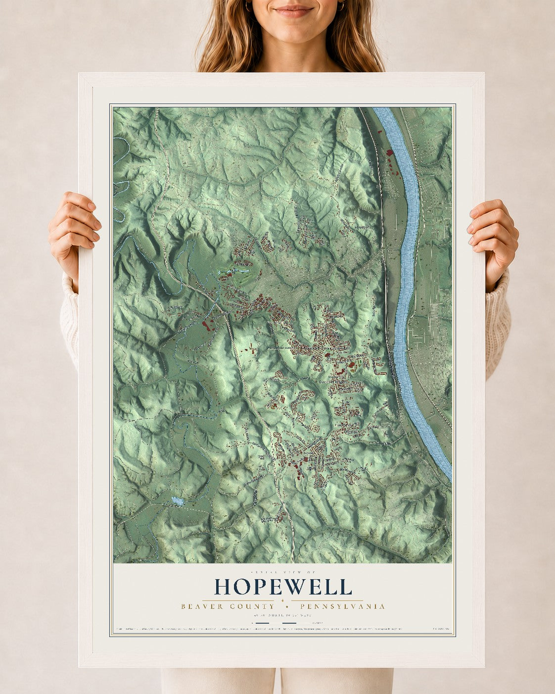 Map of Hopewell, Beaver County, Pennsylvania, 24 x 36 inch print in a white wood frame