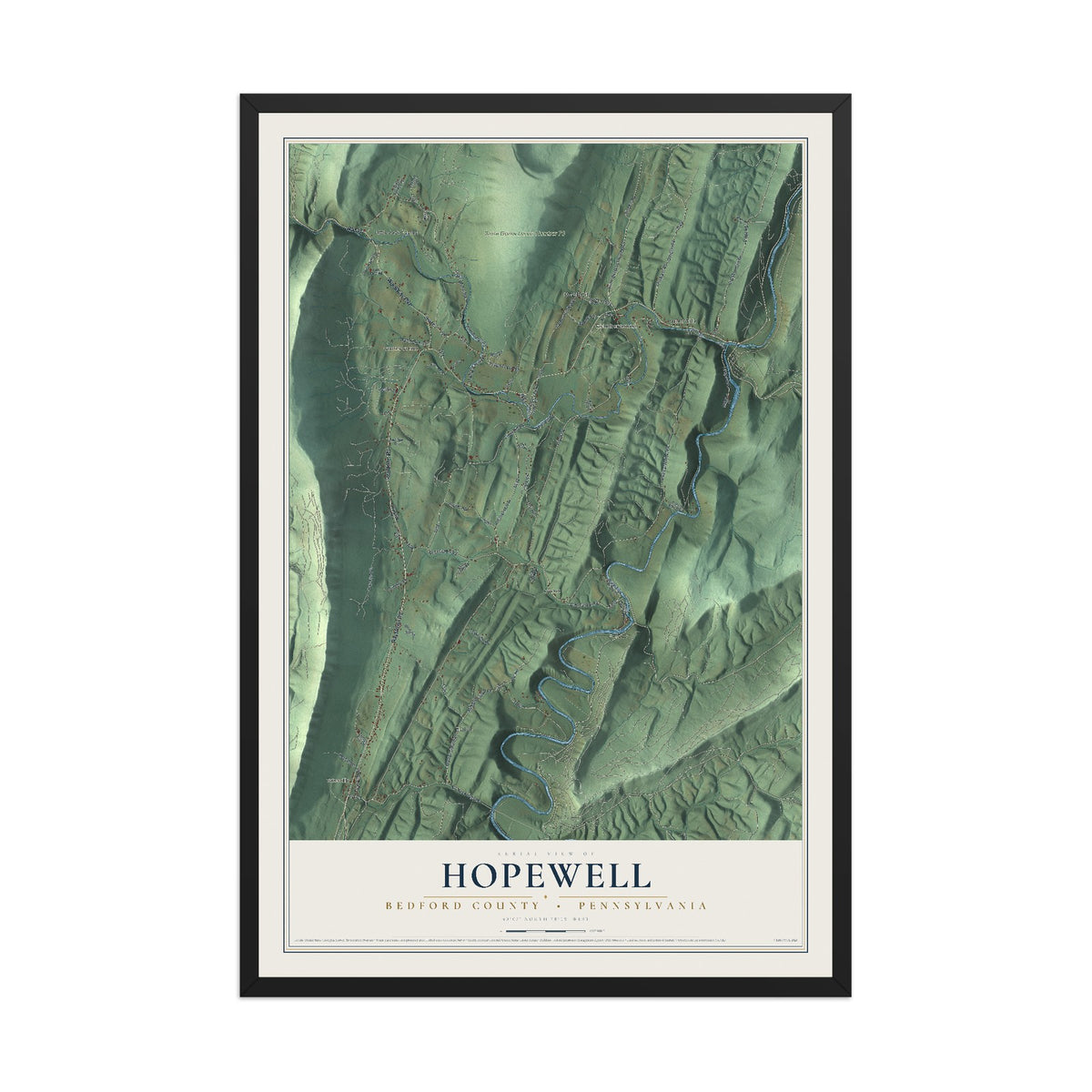 Map of Hopewell, Bedford County, Pennsylvania, 12 x 18 inch print in a black wood frame