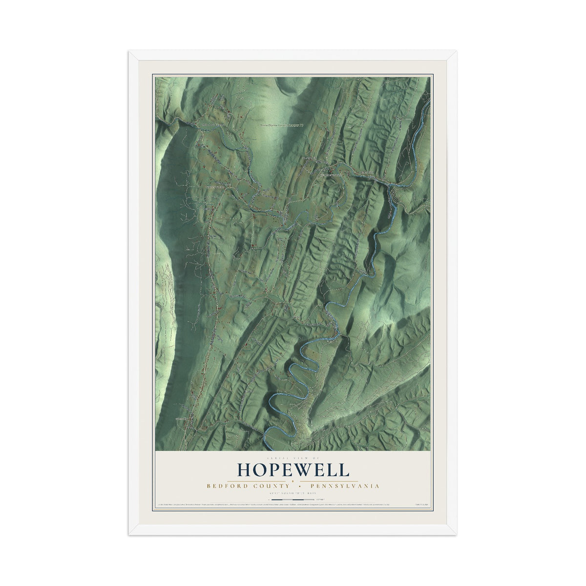 Map of Hopewell, Bedford County, Pennsylvania, 12 x 18 inch print in a white wood frame