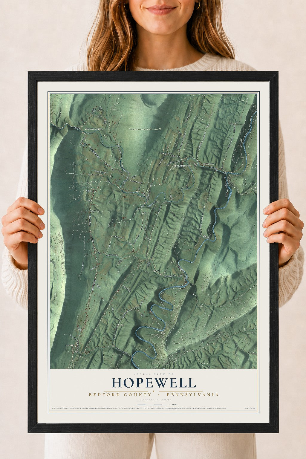Map of Hopewell, Bedford County, Pennsylvania, 18 x 24 inch print in a black wood frame
