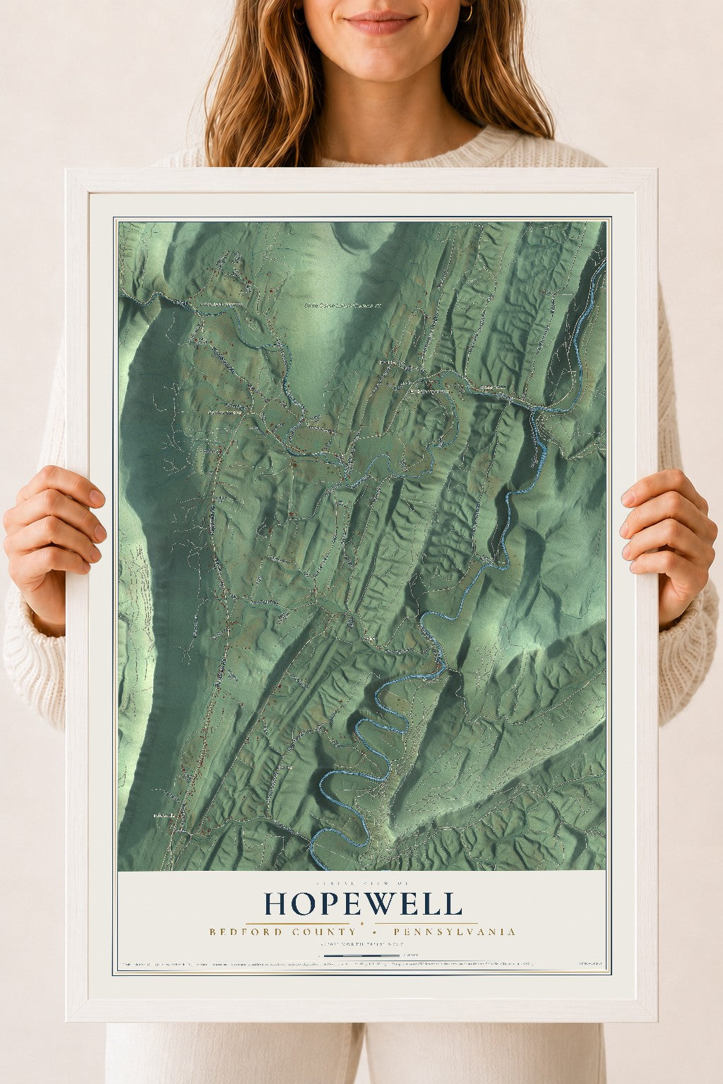 Map of Hopewell, Bedford County, Pennsylvania, 18 x 24 inch print in a white wood frame