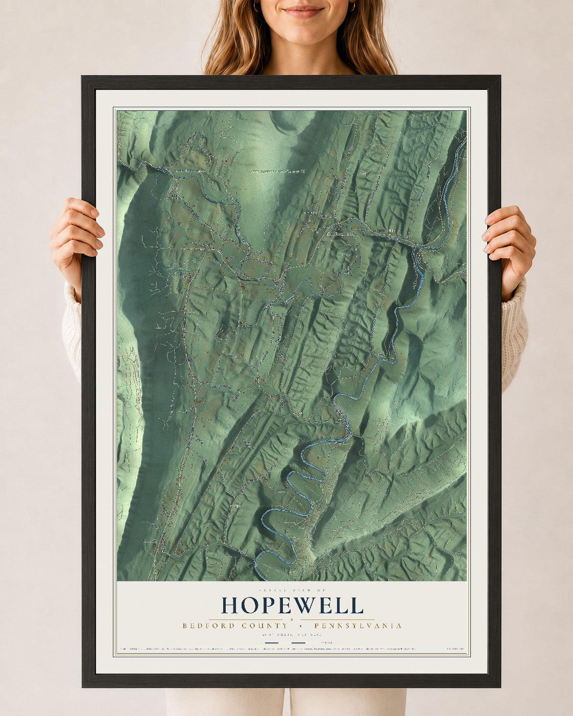 Map of Hopewell, Bedford County, Pennsylvania, 24 x 36 inch print in a black wood frame