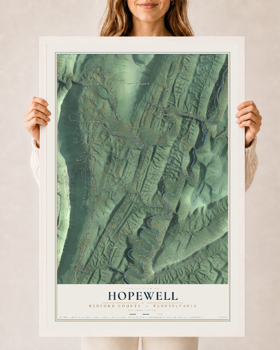 Map of Hopewell, Bedford County, Pennsylvania, 24 x 36 inch print in a white wood frame