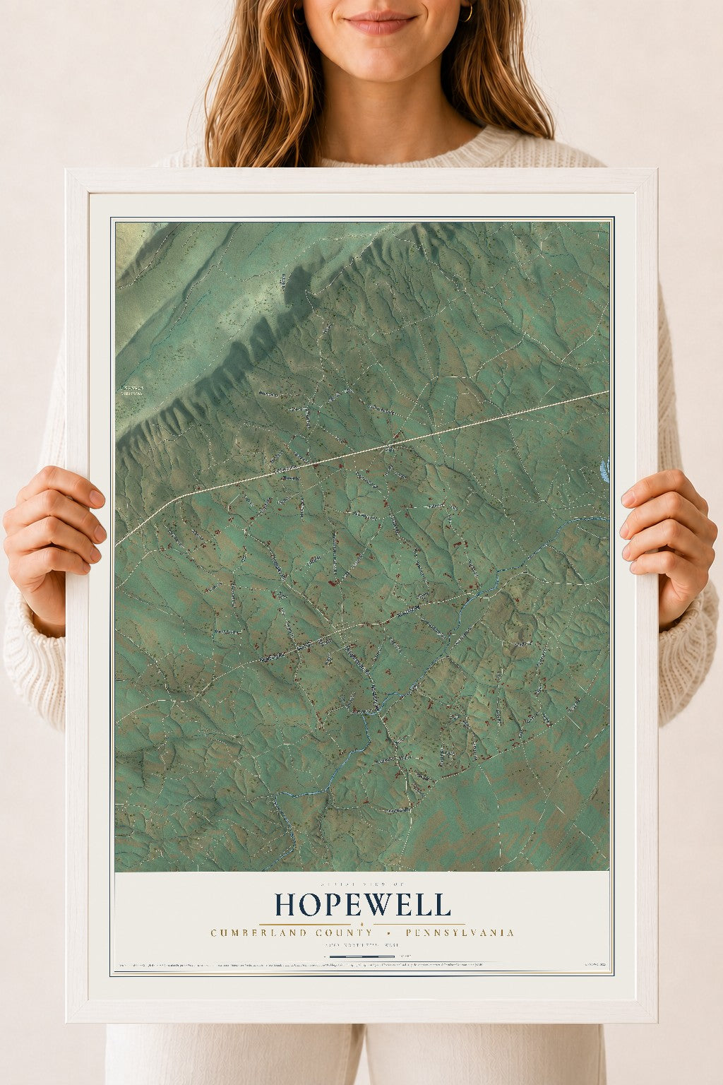 Map of Hopewell, Cumberland County, Pennsylvania, 18 x 24 inch print in a white wood frame