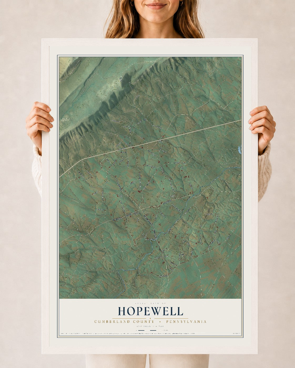 Map of Hopewell, Cumberland County, Pennsylvania, 24 x 36 inch print in a white wood frame