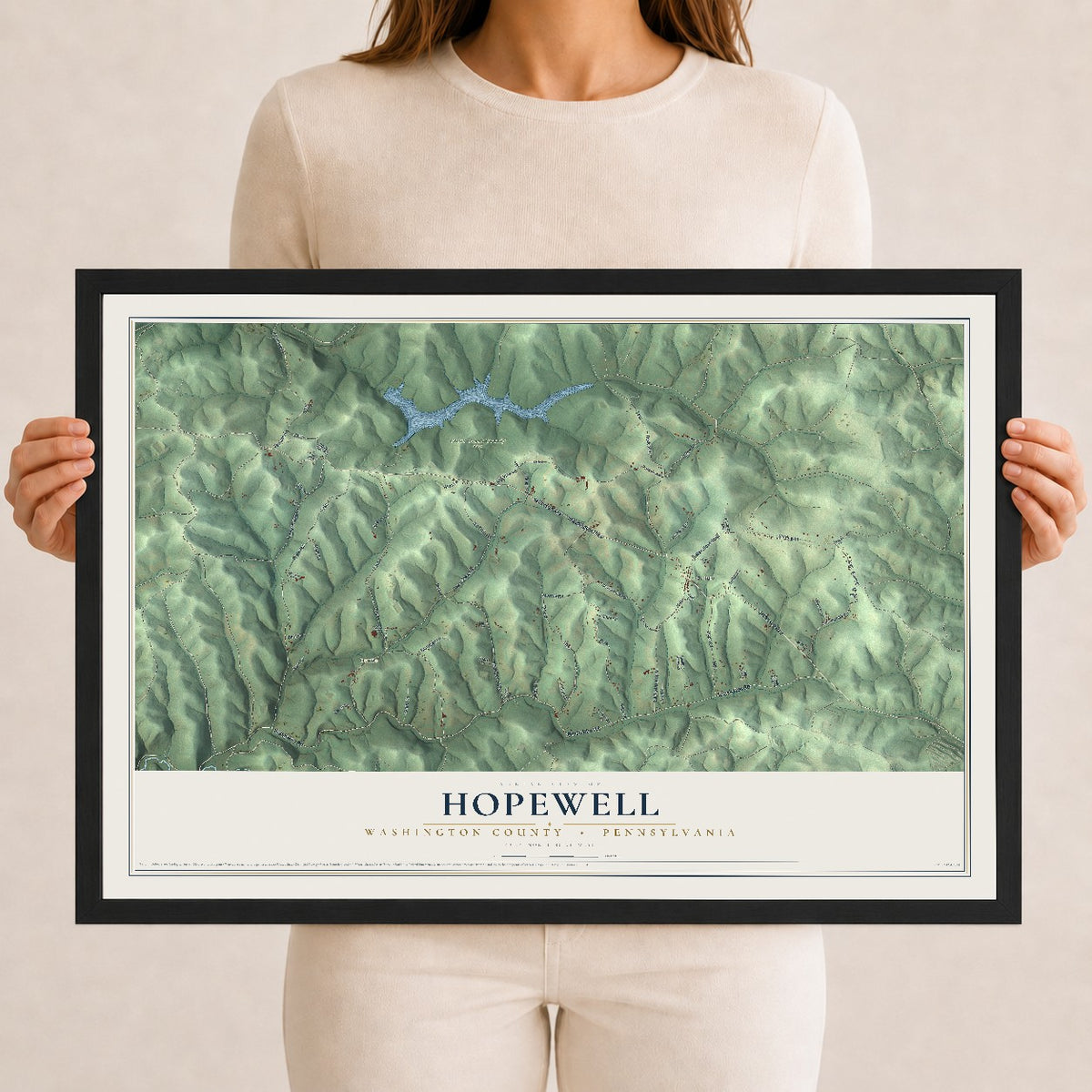 Map of Hopewell, Washington County, Pennsylvania, 12 x 18 inch print in a black wood frame