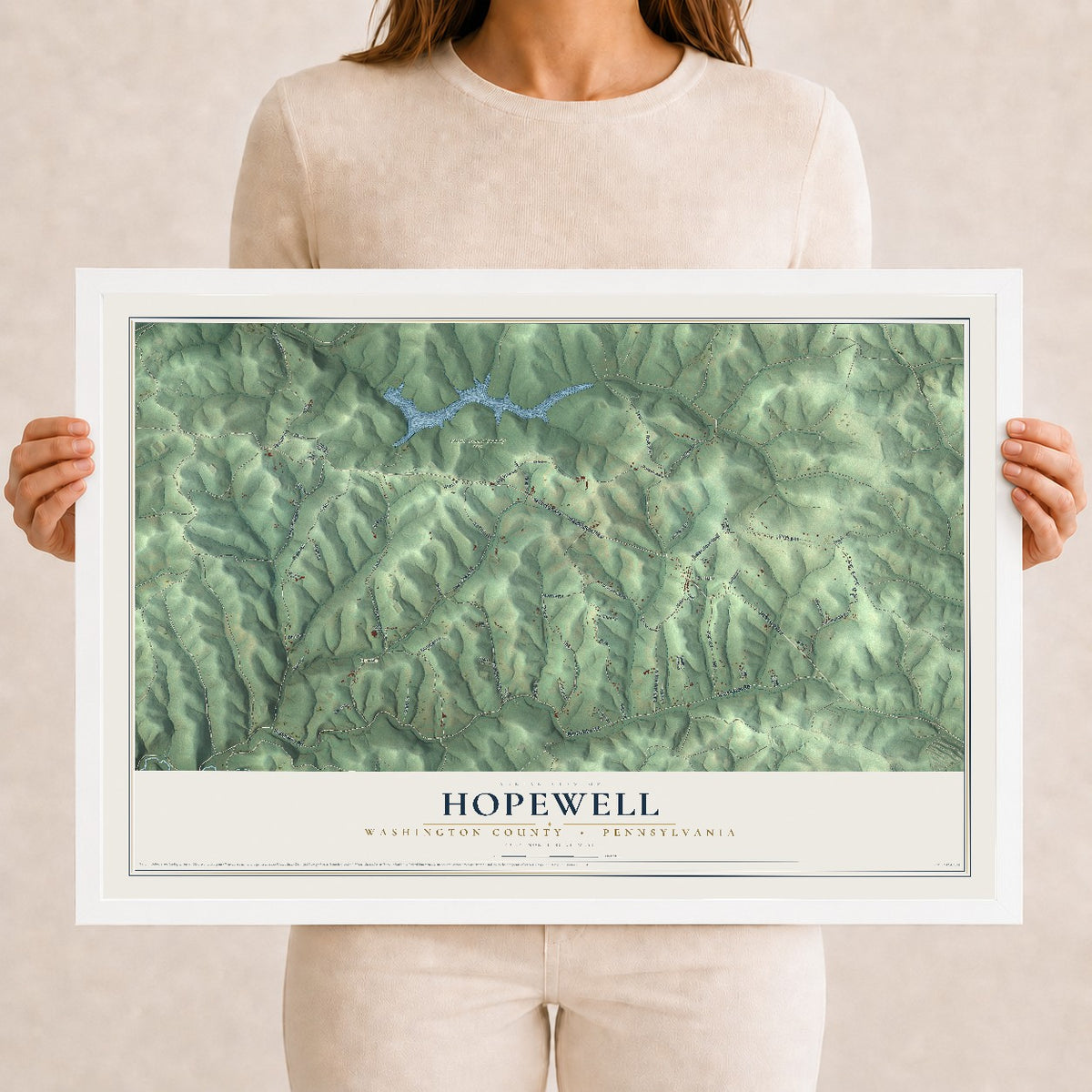 Map of Hopewell, Washington County, Pennsylvania, 12 x 18 inch print in a white wood frame