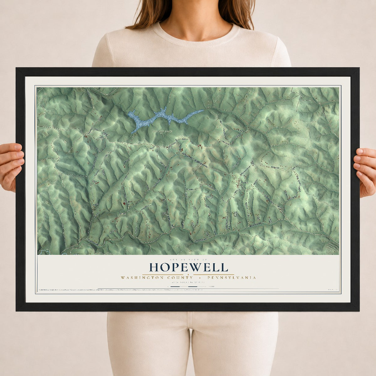 Map of Hopewell, Washington County, Pennsylvania, 18 x 24 inch print in a black wood frame